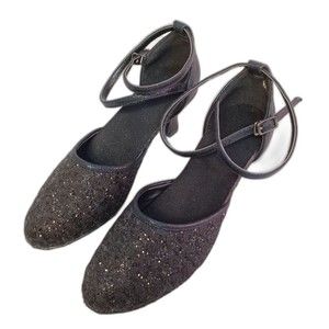 Black Glitter Women's Double Ankle Strap Pumps 2 inch French Heel Size 5.5 US